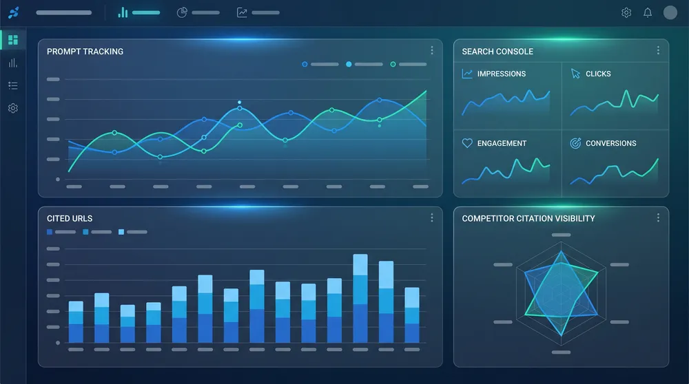 Google AI Overviews citation measurement dashboard showing prompts, cited URLs, Search Console performance, and conversions